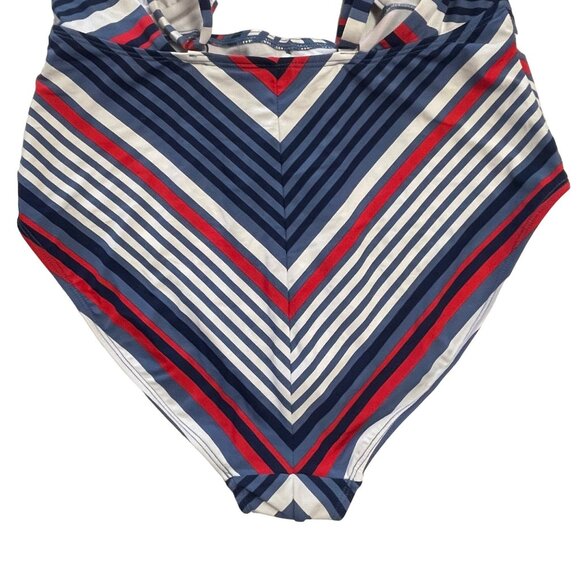 Time Tru L One Piece Swim Suit Red White Blue Patriotic Sailor Cutout Peep Vneck - Picture 7 of 12